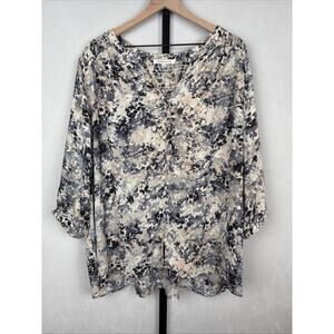 Rose+Olive Floral Peasant Blouse 2X Smocked Buttons Split Neckline Flowy